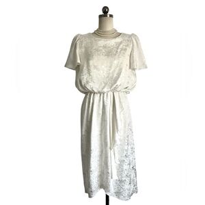 Vtg 80s Bruce Wayne USA Off White Print Ruched Dynasty Day Dress Party Wedding S